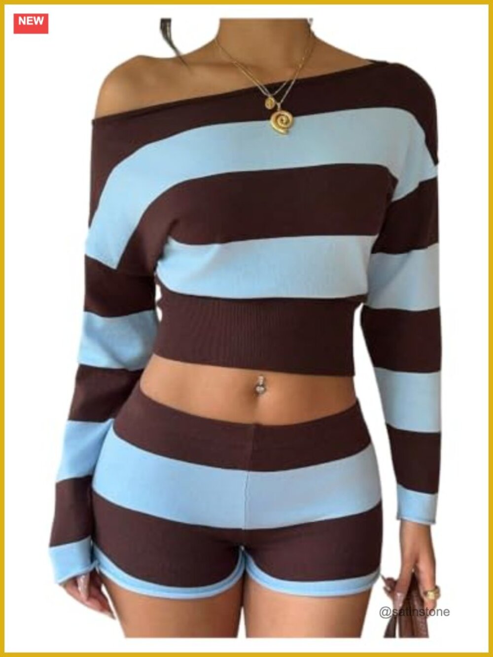 Striped 2 Piece Set Off Shoulder Top & Mini Shorts Knit Set